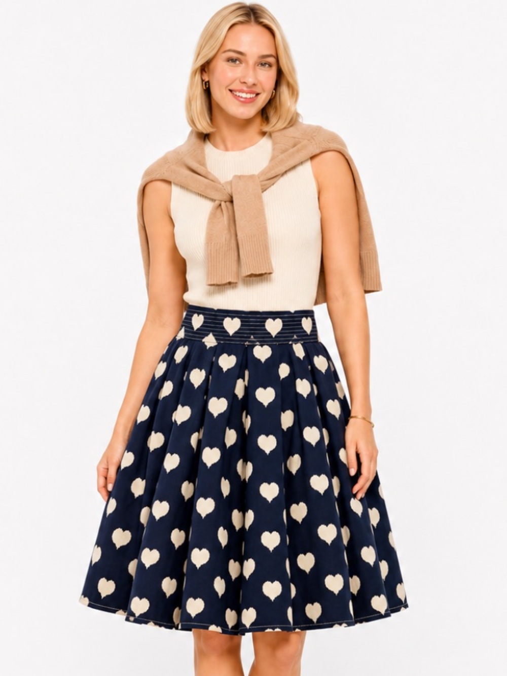 eShakti Navy Ivory Heart Print Pleated A-Line Cotton Skirt Size 6